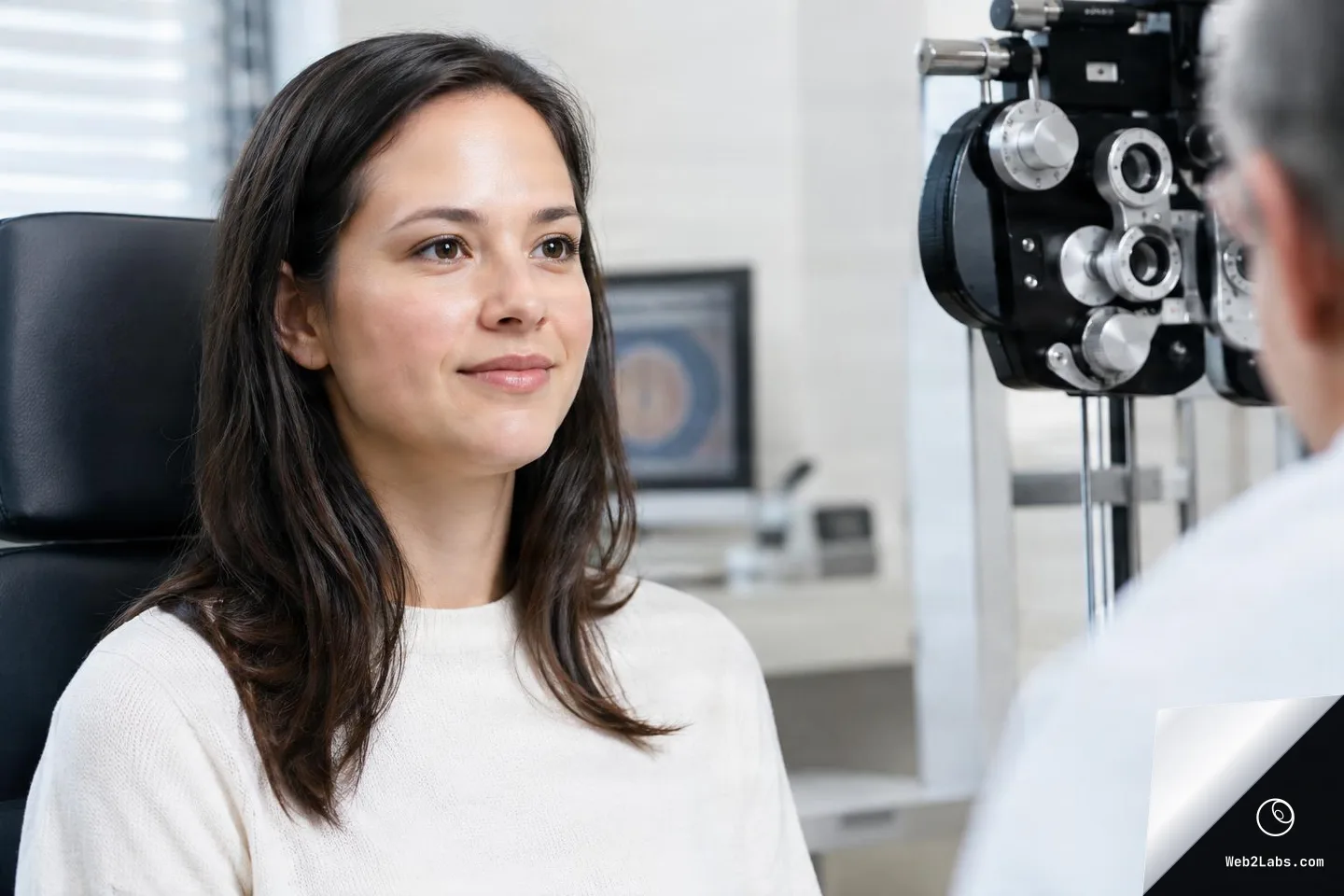 Woman sitting in an exam chair at an optometrist office, looking toward a phoropter and clinician during an eye exam.