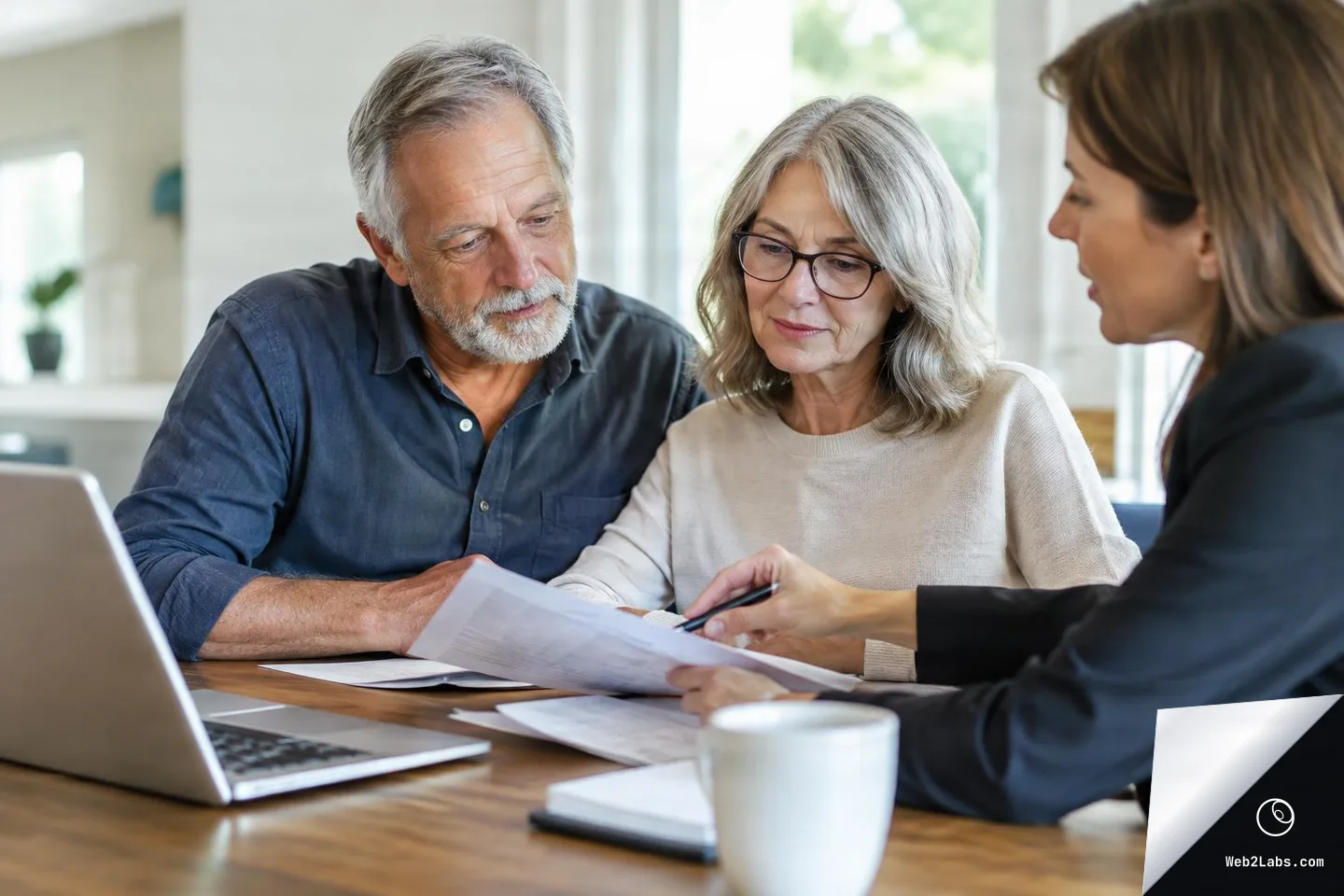 Older couple seated at a table reviewing printed documents with a financial advisor, with a laptop open on the left and a coffee mug in the foreground.