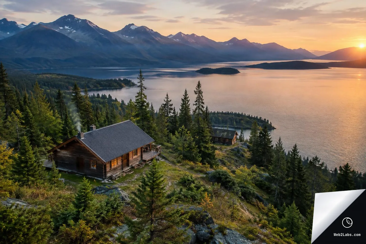 An elevated view of two rustic wooden cabins on a forested hillside overlooking a large mountain lake with distant peaks and a low sun near the horizon.