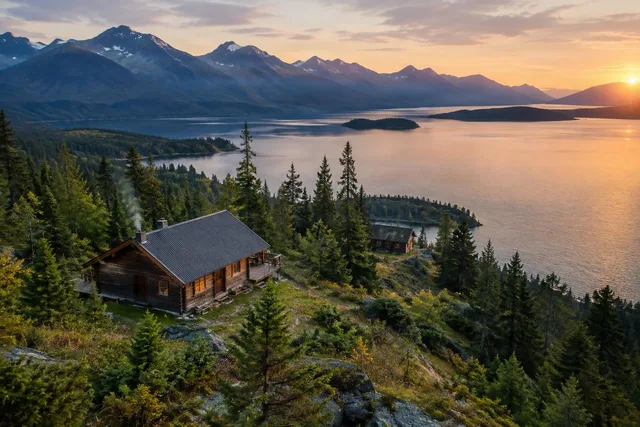 Lakeside Wilderness Cabins at Sunset
