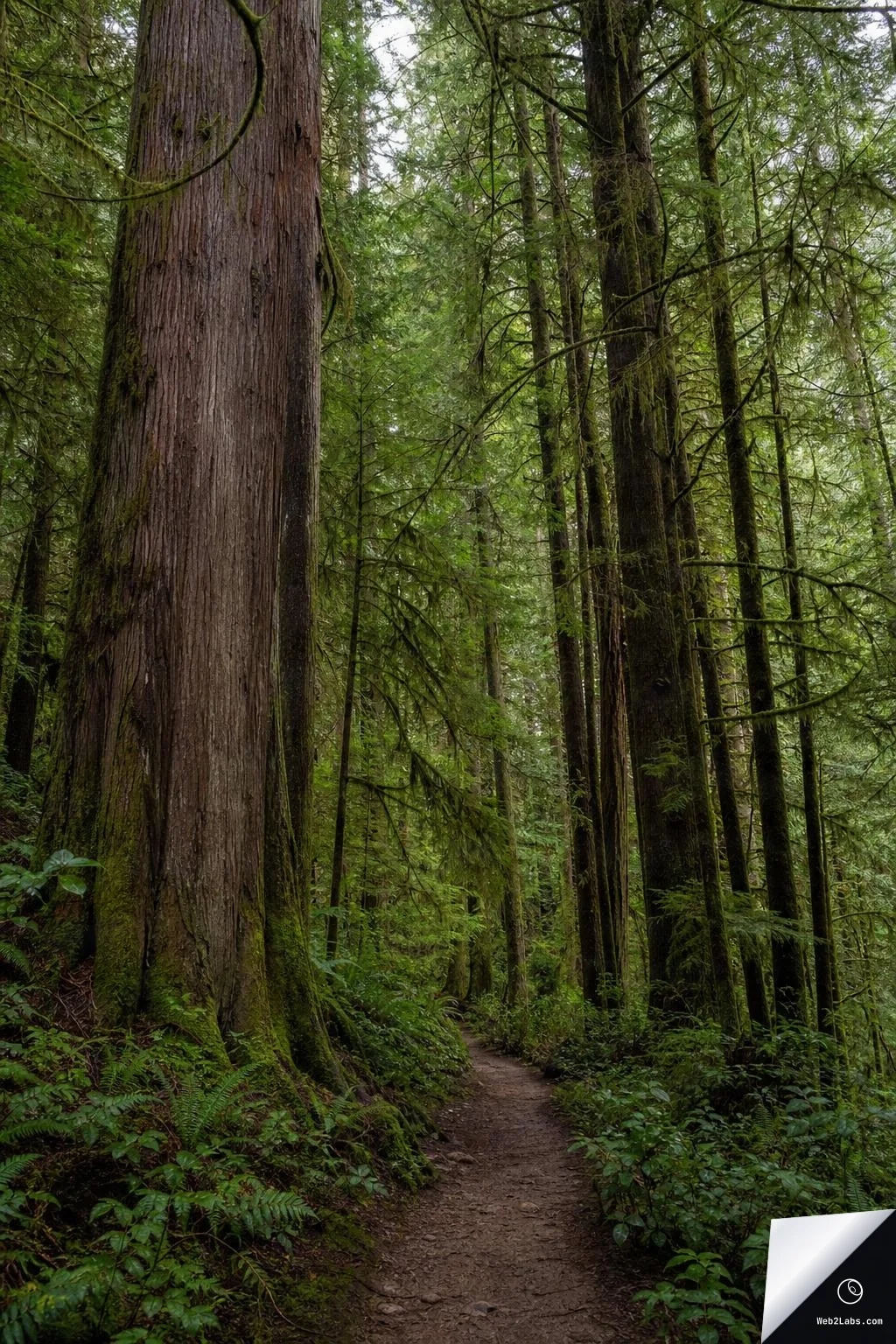 A narrow dirt path curves through a lush evergreen forest with very tall moss-covered tree trunks and dense green undergrowth under soft, overcast light.