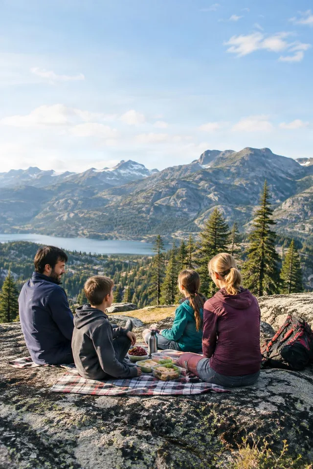 Family Picnic Over Mountain Lake