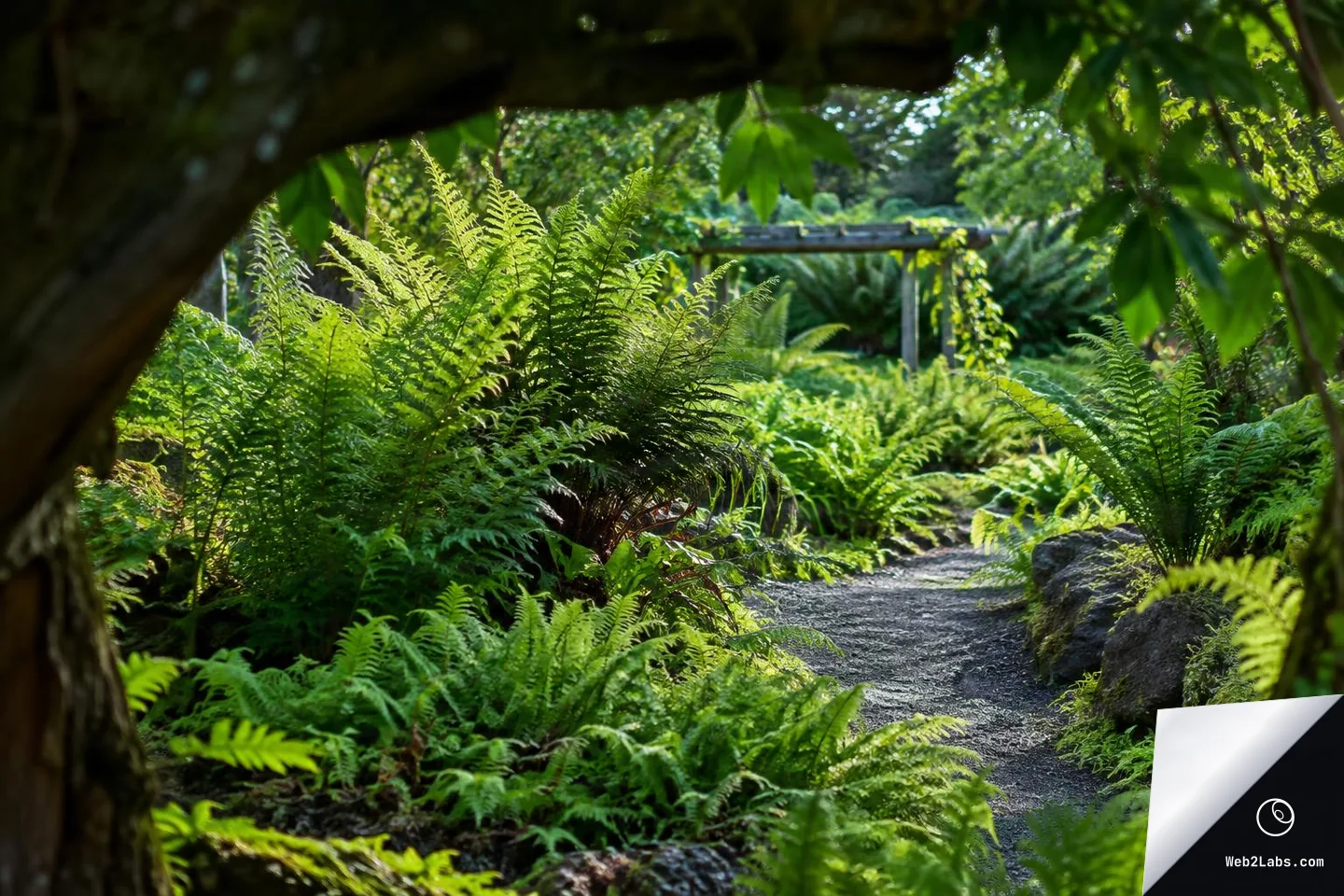 A gravel garden path winding through dense green ferns, with out-of-focus leaves and a tree branch framing the top and sides, and a wooden arbor in the background under dappled sunlight.