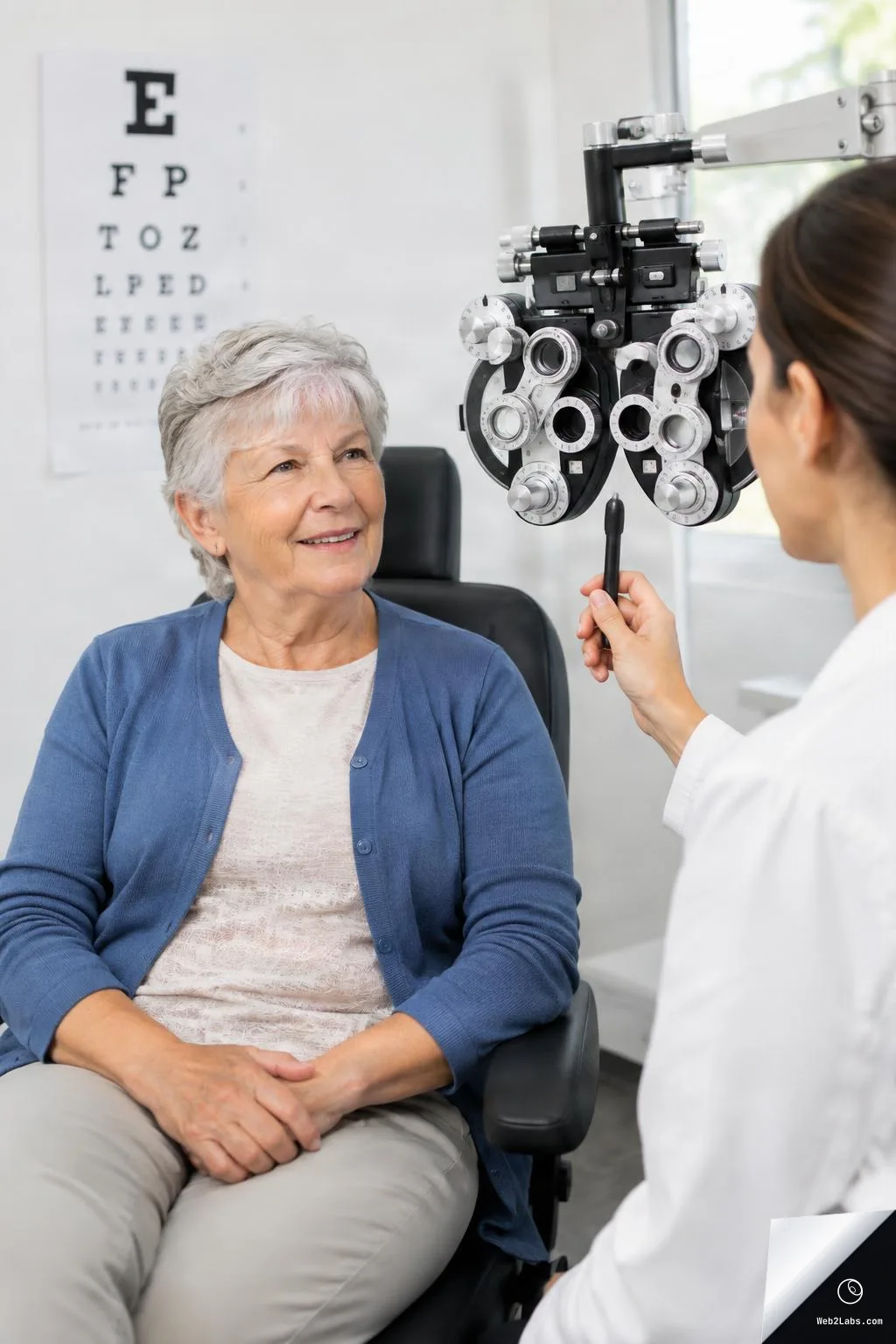 Senior woman seated in an optometry exam chair while an optometrist holds a pointer near a phoropter, with an eye chart on the wall behind them.