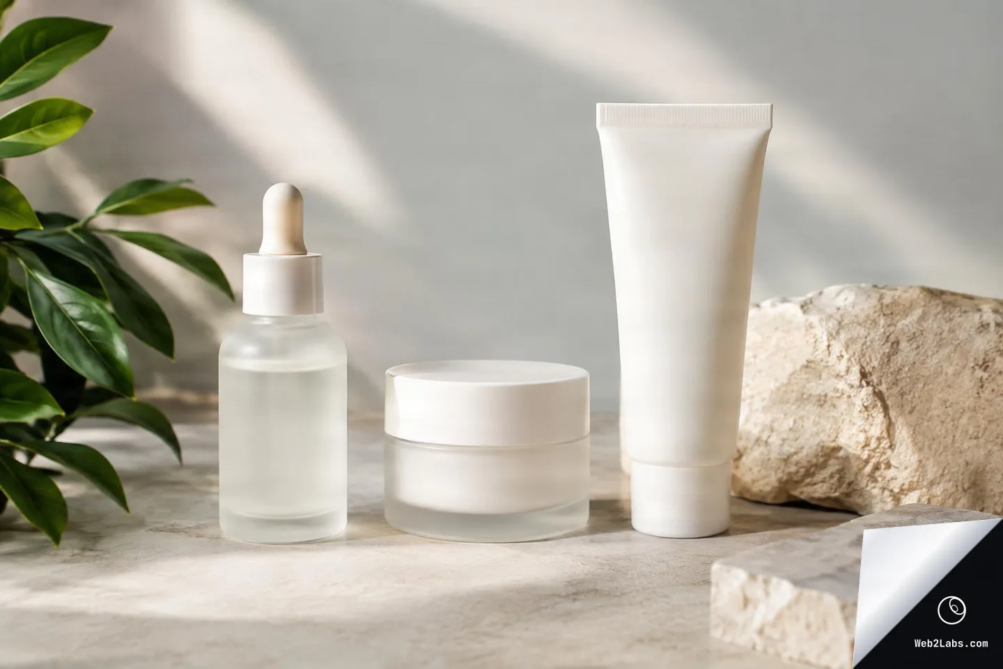 Unlabeled frosted glass dropper bottle, white cream jar, and white squeeze tube arranged on a stone tabletop with green leaves at left and rocks at right in soft natural sunlight.