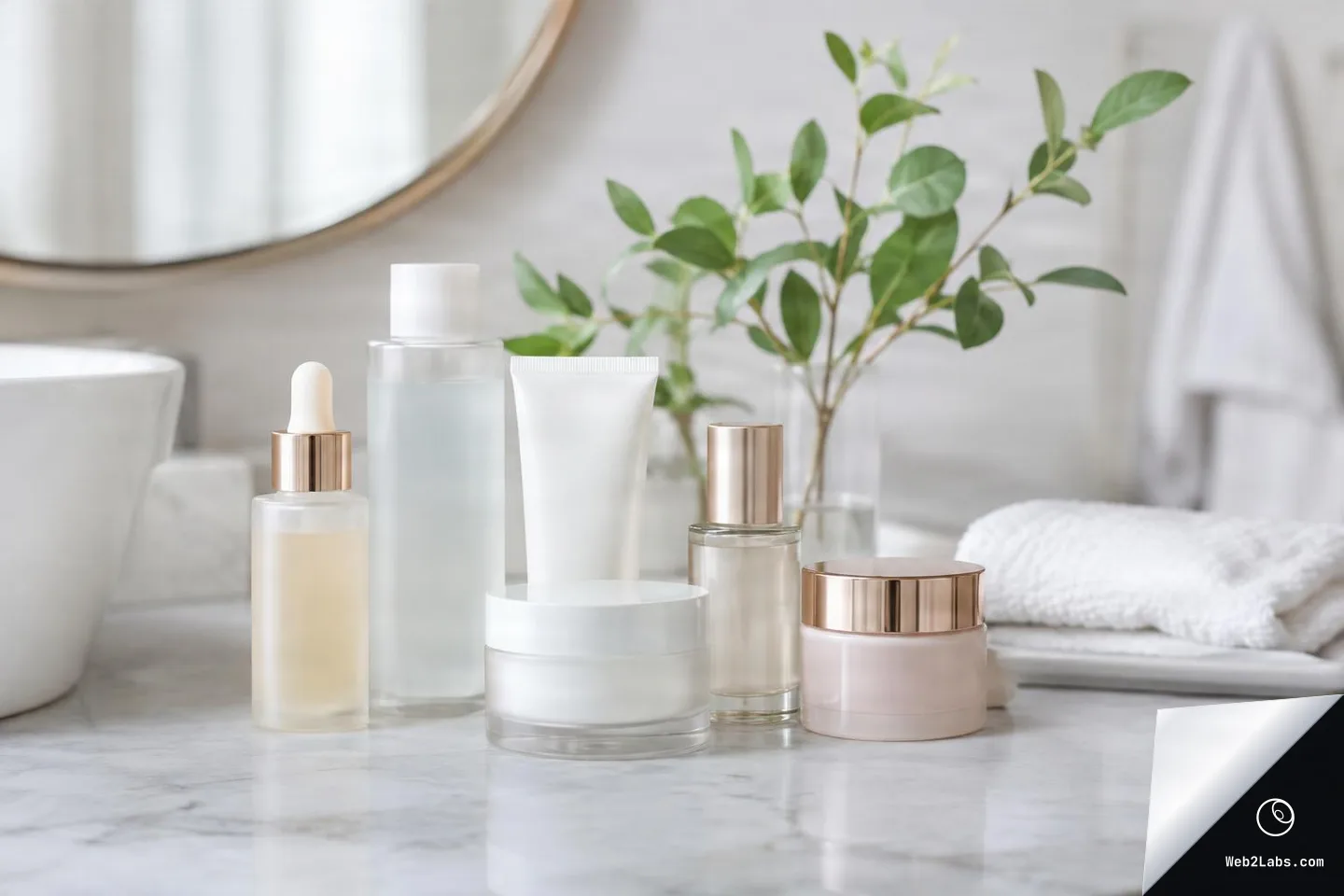 Assorted blank skincare containers and a dropper bottle arranged on a marble countertop in a bright bathroom, with a mirror, green plant in a vase, and folded white towels in the background.