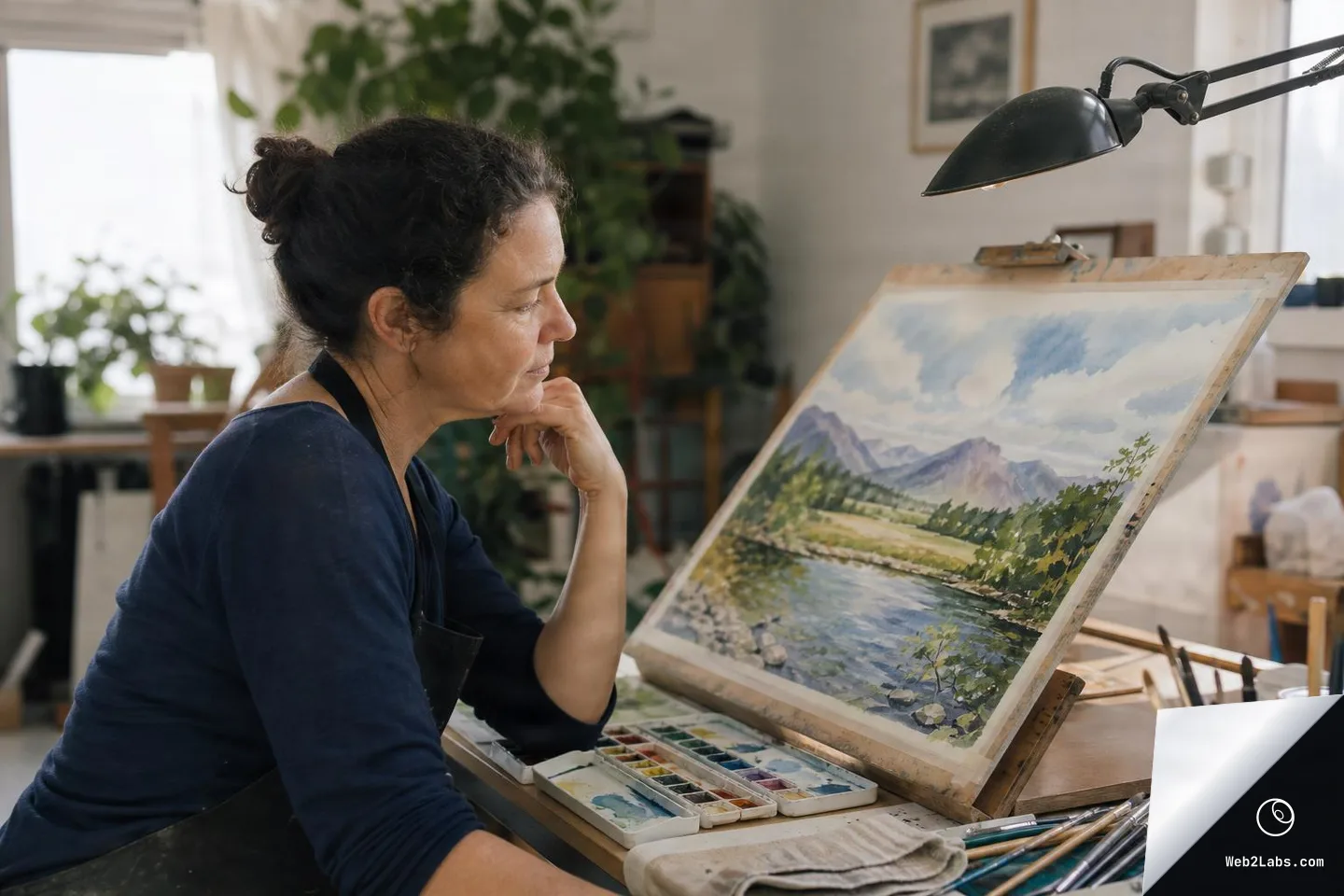 Woman in an art studio resting her chin on her hand while inspecting a watercolor landscape painting on a board, with palettes and brushes on the table under a desk lamp.