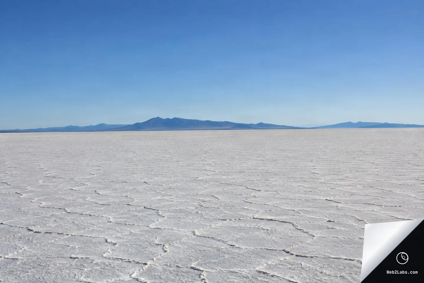 Cracked white salt flats extending to the horizon with distant blue mountains and a clear blue sky above.
