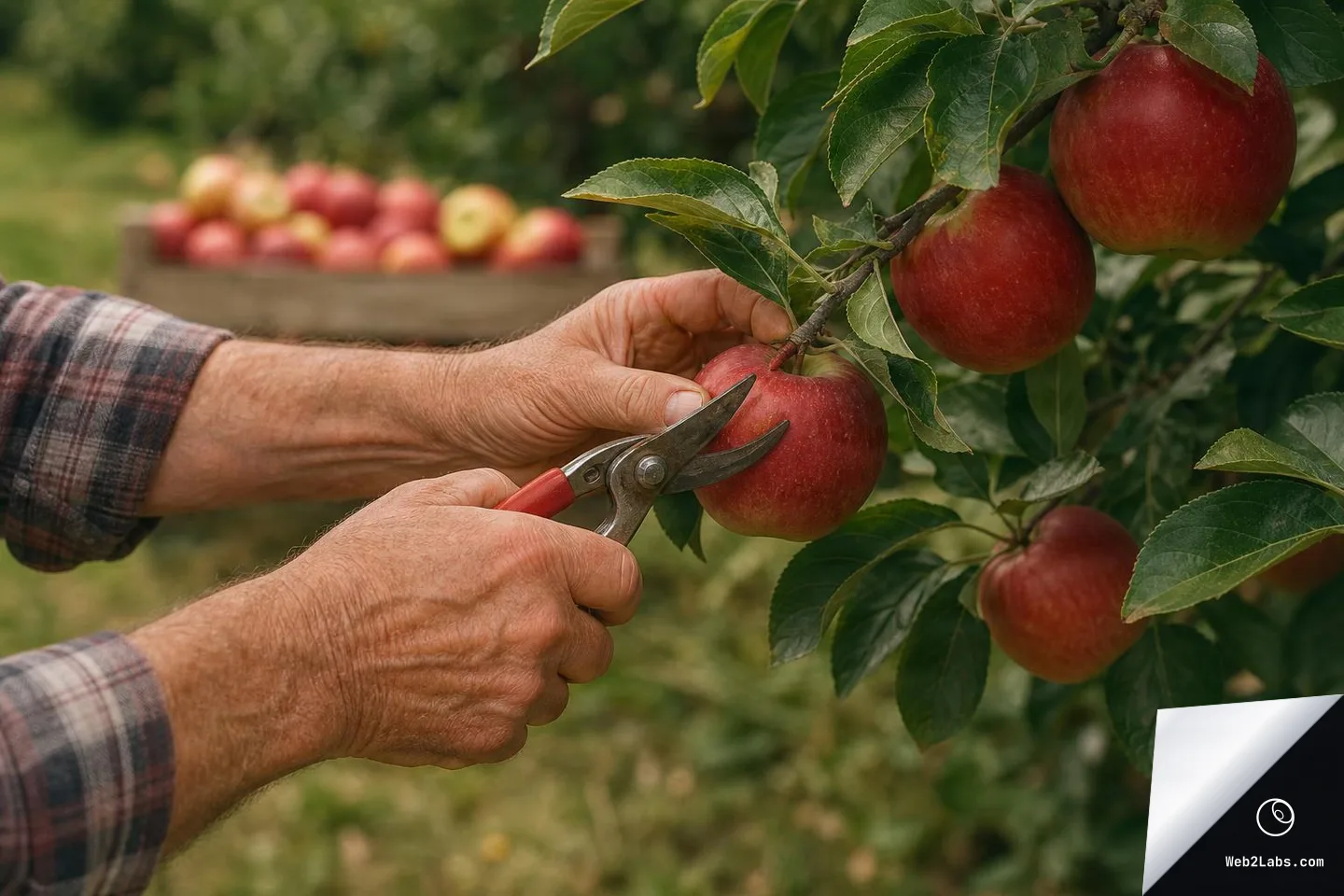 Close-up of hands using pruning shears to cut a red apple from a tree branch, with a crate of apples blurred in the orchard background.