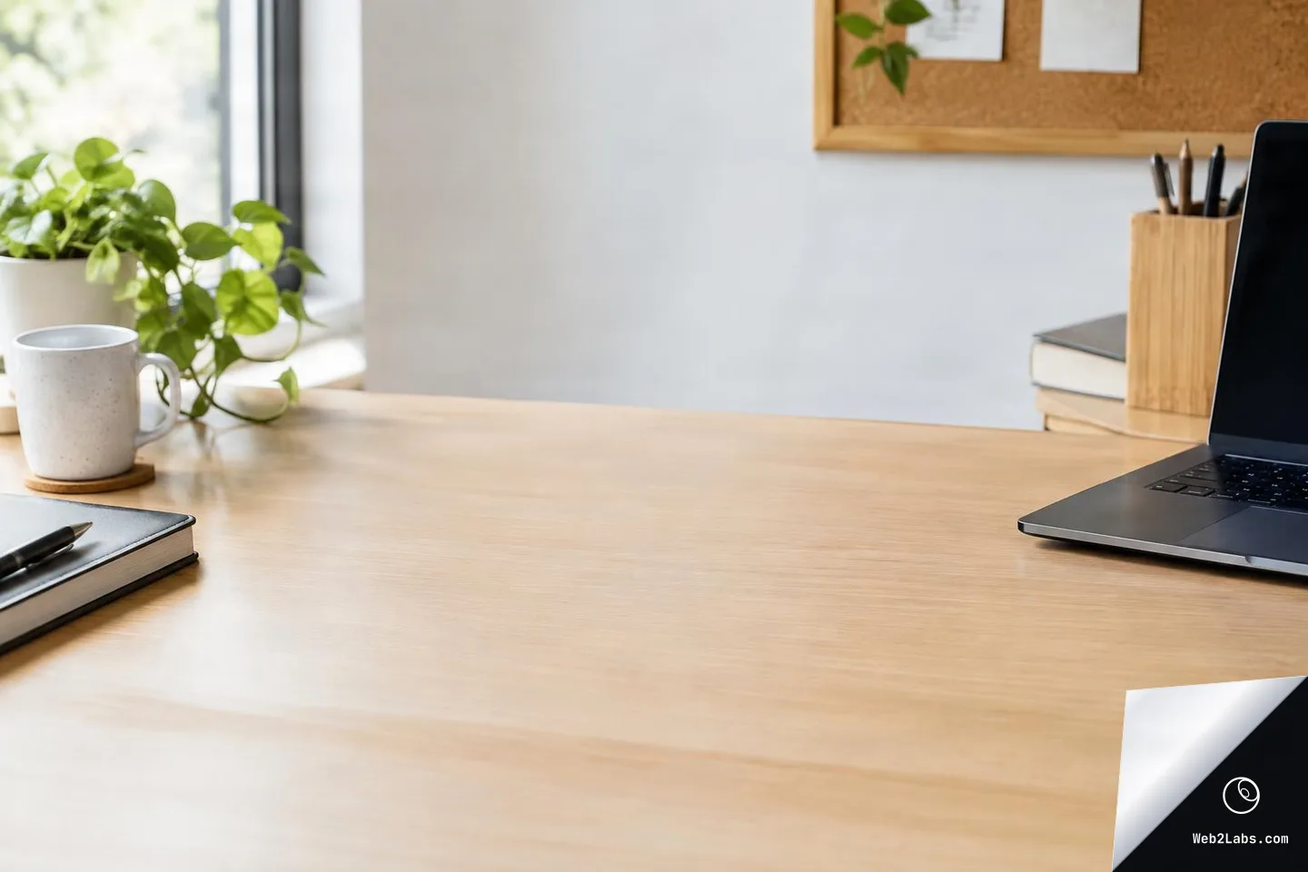 Wide view of a light wood desk with a large empty center area, a mug and plant on the left, and a laptop with books and a pencil cup on the right, with a cork board on the wall behind.
