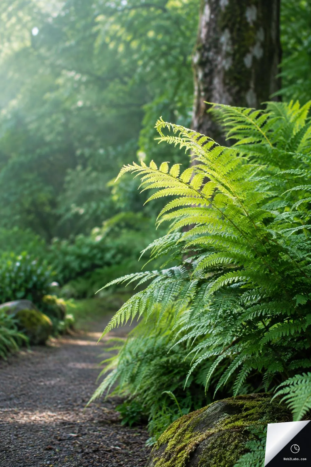 Sunlit green fern fronds in the right foreground beside a shaded gravel path, with soft bokeh trees and hazy light in the background.