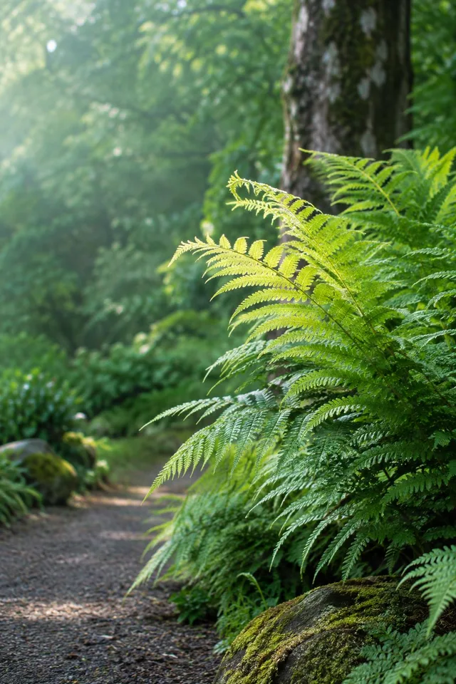 Sunlit Ferns by Garden Path