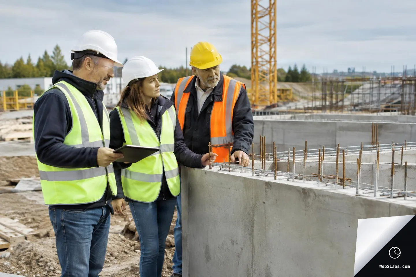 Three construction workers wearing hard hats and high-visibility vests inspect a concrete foundation with exposed rebar at an outdoor building site, with a crane in the background.
