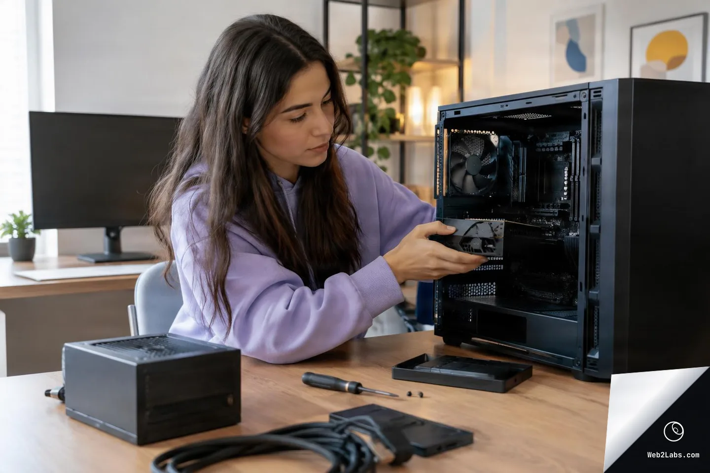 Woman in a purple hoodie installing a graphics card into an open desktop PC tower on a wooden desk, with a power supply, cables, and a screwdriver nearby in a bright home office.
