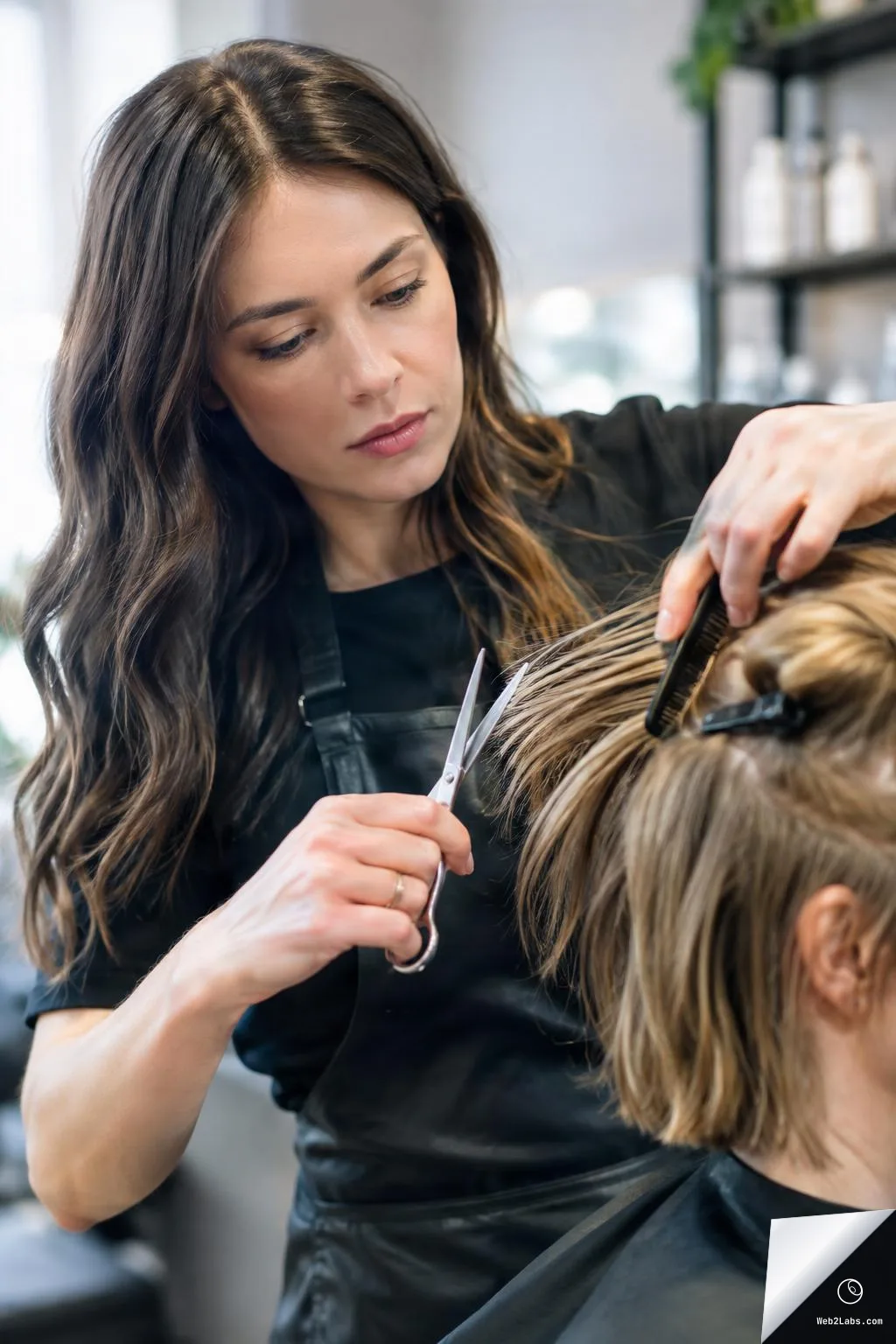 Close-up of a hairstylist in a black apron cutting a client's short hair with scissors and a comb inside a modern hair salon.