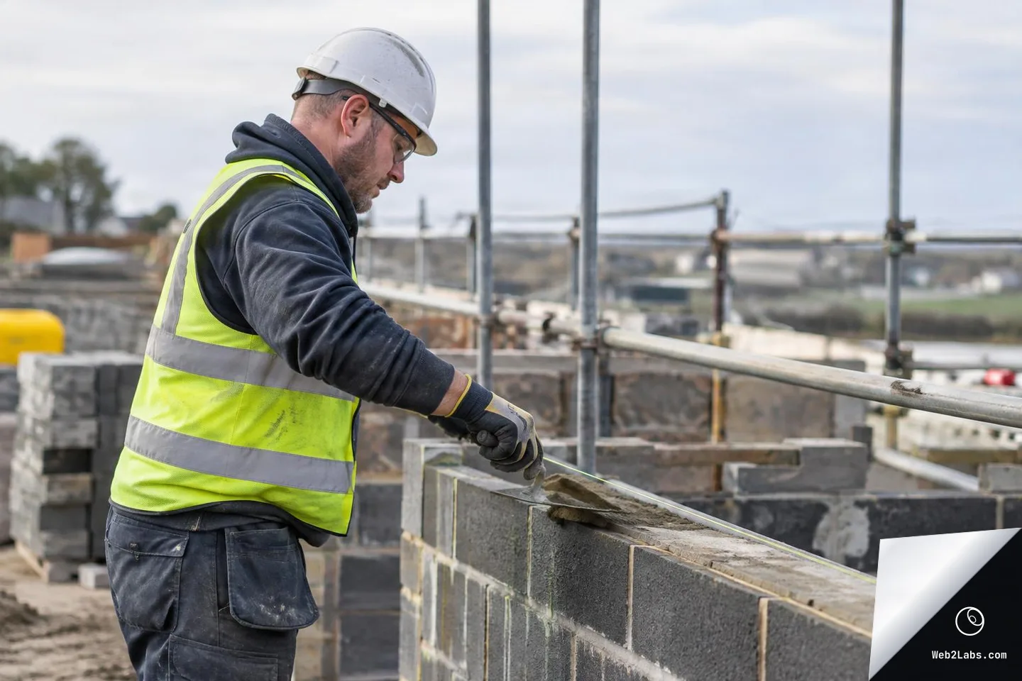 Side view of a construction worker in a white hard hat and yellow hi-vis vest spreading mortar on top of a cinder block wall at an outdoor building site with scaffolding behind.