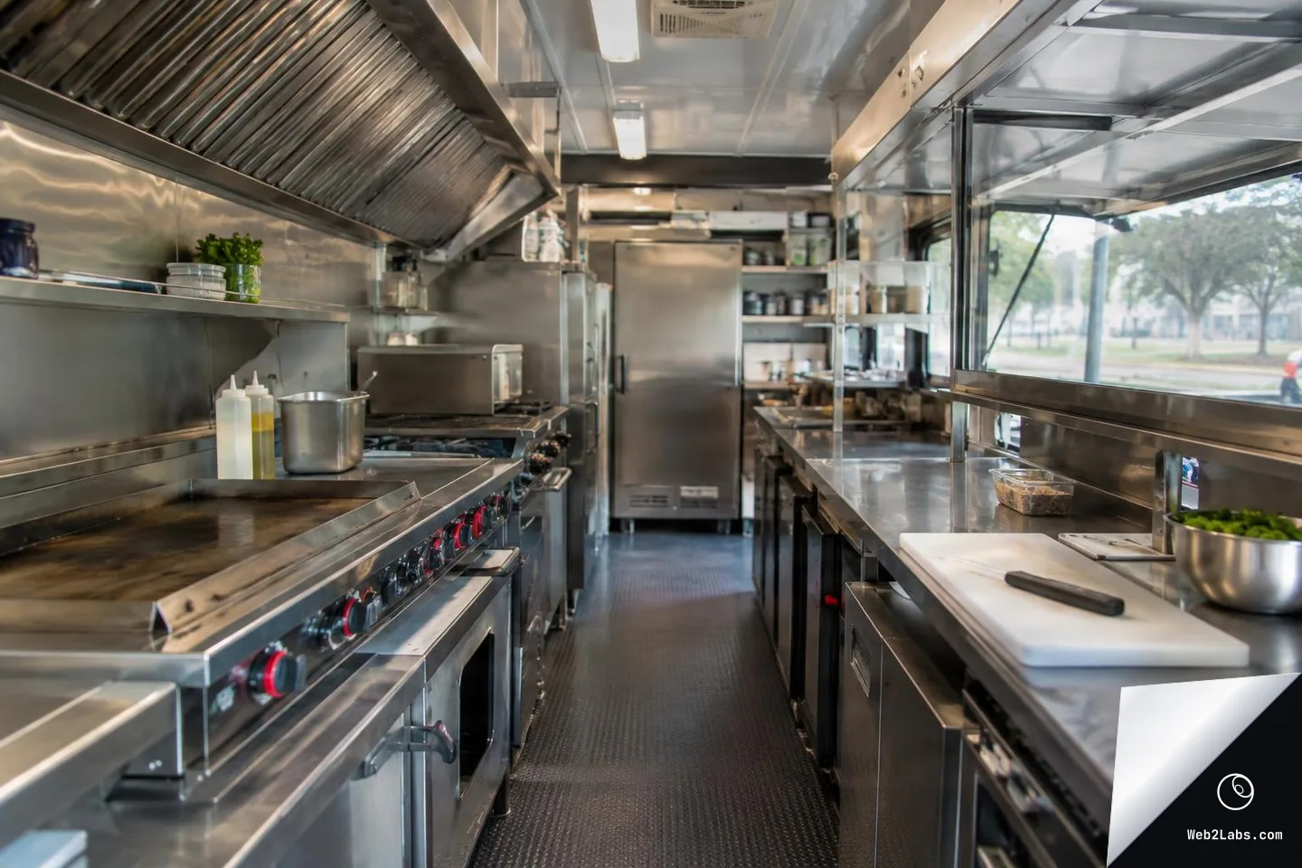 Interior of a food truck kitchen with stainless-steel cooking line on the left, prep counter with cutting board and knife on the right, and a refrigerator at the back; daylight visible through the serving window.