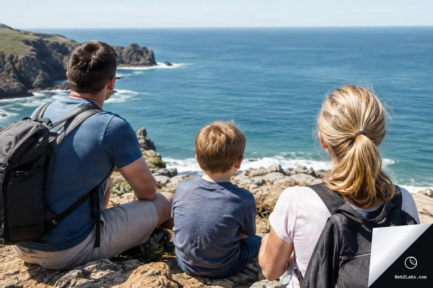 A man, woman, and child with backpacks sit on rocky cliffs and look out over the blue ocean and distant shoreline.