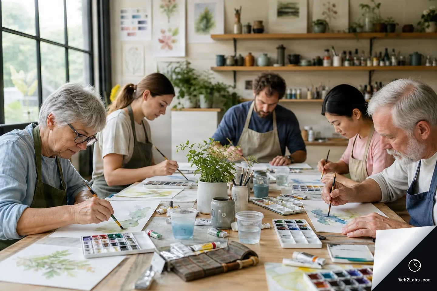 Four adults of mixed ages sit around a wooden table in an art studio, painting watercolor botanical studies with brushes, palettes, paint tubes, and cups of water in natural window light.