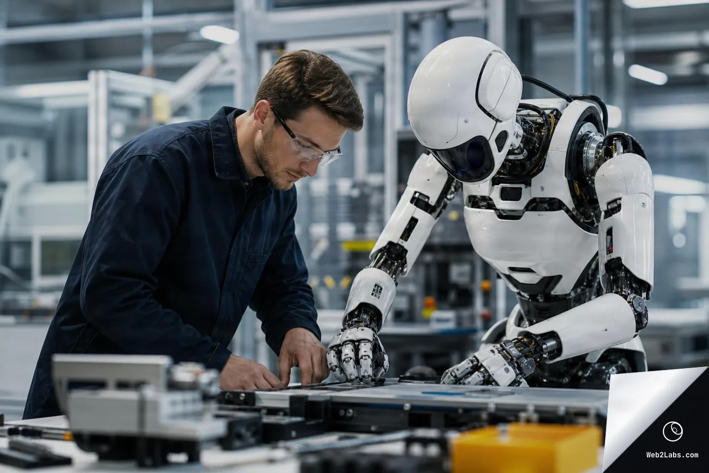 A male engineer wearing safety glasses and a dark work jacket stands beside a white humanoid robot as they both lean over a workbench inspecting a mechanical part in a modern industrial lab.