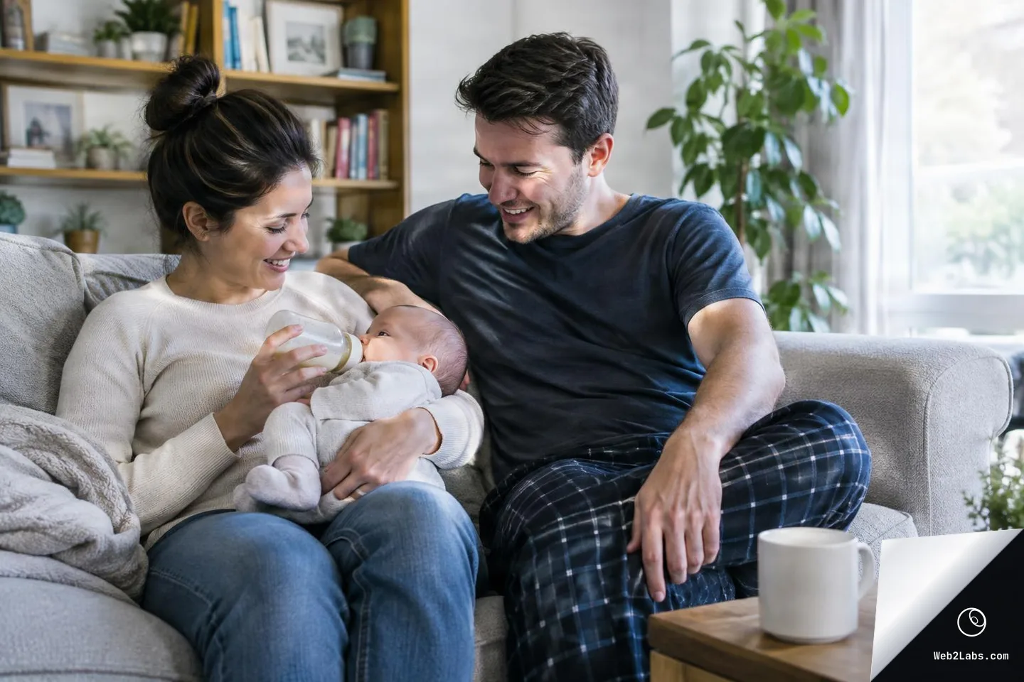 A mother bottle-feeds a baby while sitting on a sofa, with a father seated beside them smiling in a bright living room with shelves and plants in the background.