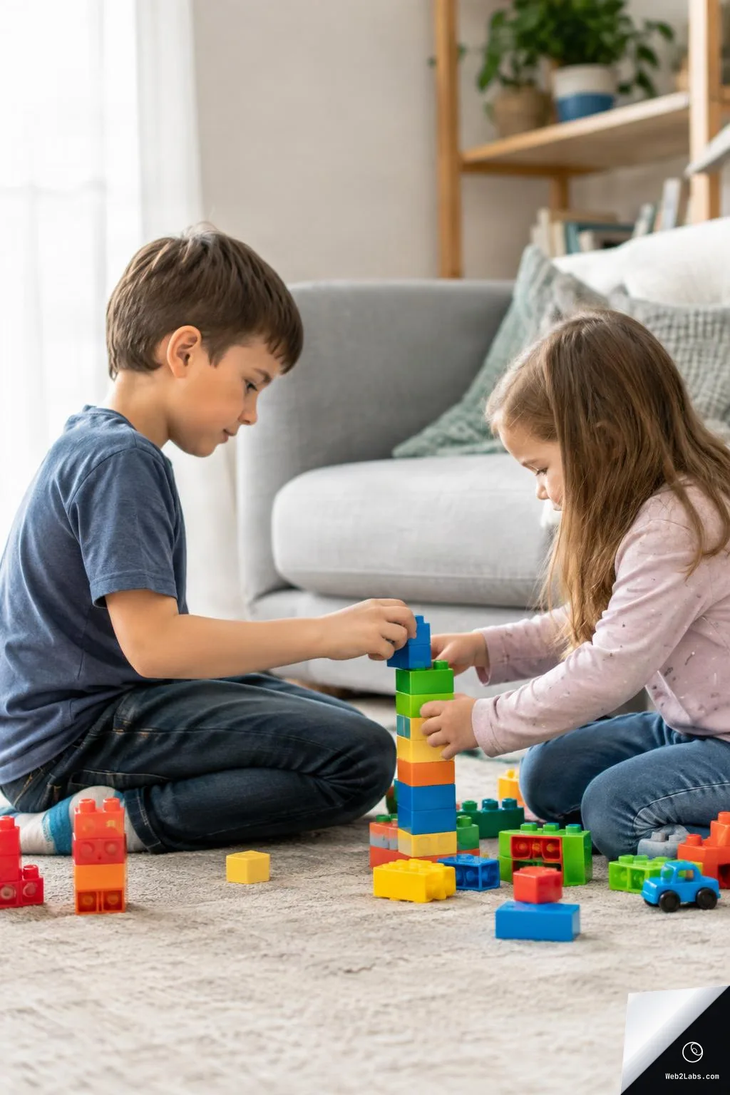 Side view of a young boy and girl sitting on a carpet in a living room, building a tall tower from colorful plastic blocks with scattered toys around them.