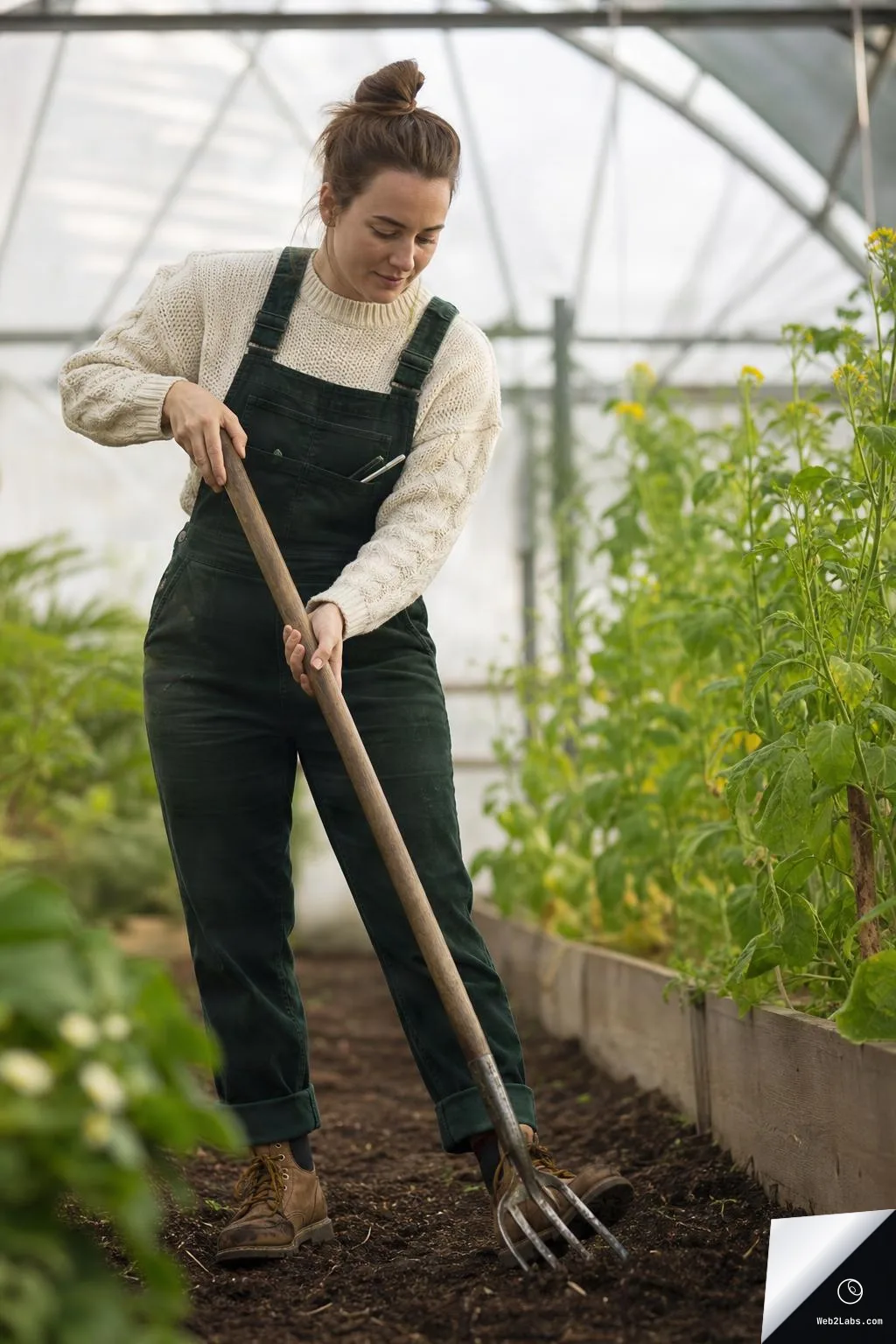 Woman in dark overalls and a cream sweater uses a long-handled garden fork to loosen soil in a greenhouse raised bed with green plants and yellow blossoms nearby.