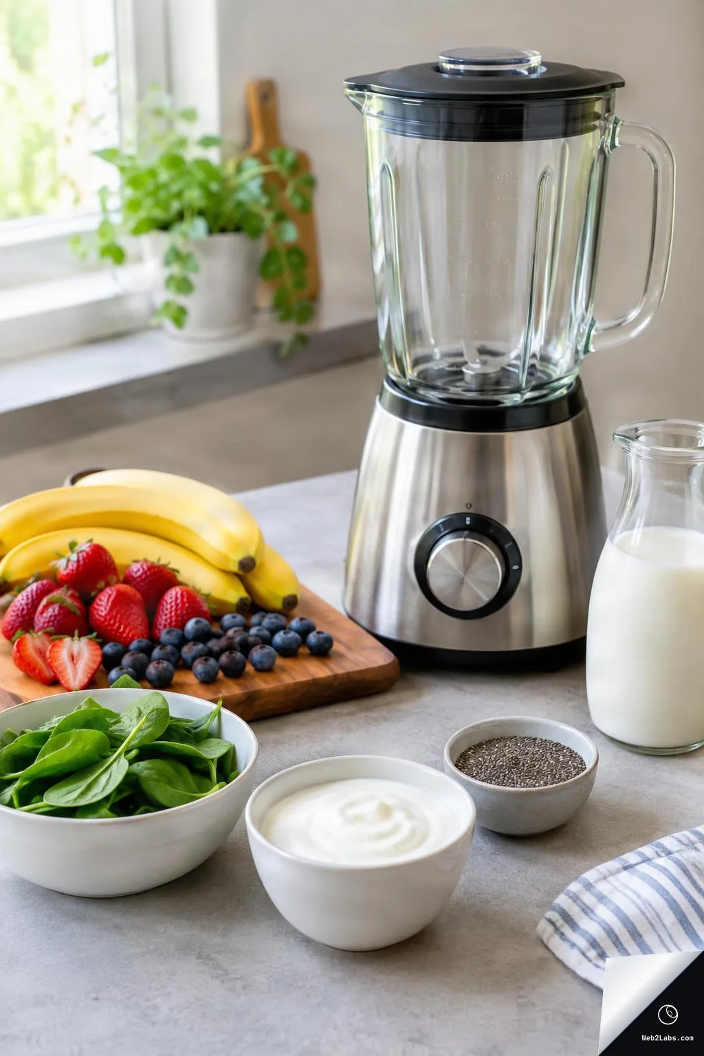Countertop blender in a bright kitchen with bananas, strawberries, blueberries on a cutting board, plus bowls of spinach, yogurt, chia seeds, and a glass jug of milk.