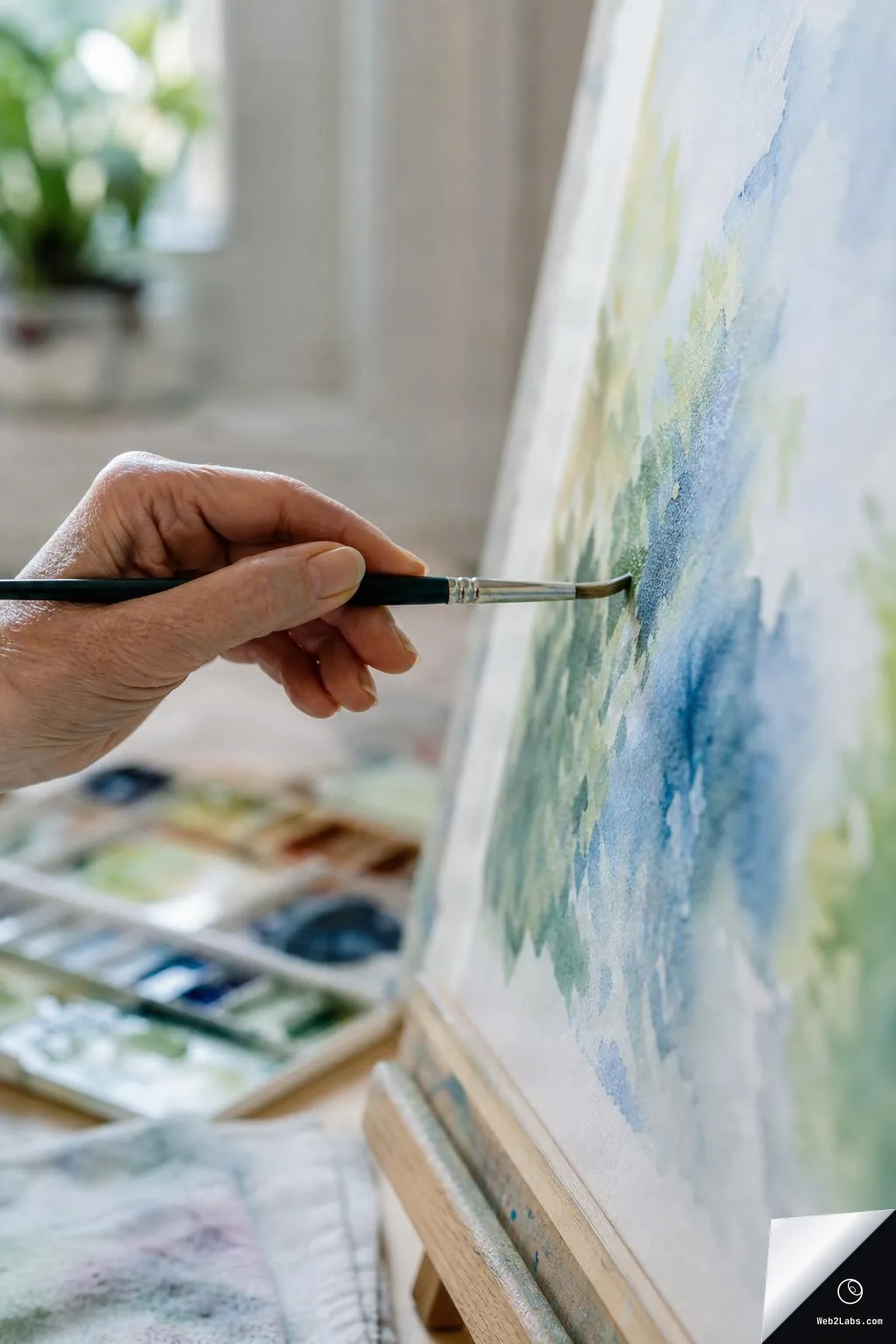 Close-up of a hand holding a paintbrush and applying watercolor paint to a paper on an easel, with a watercolor palette blurred in the background.