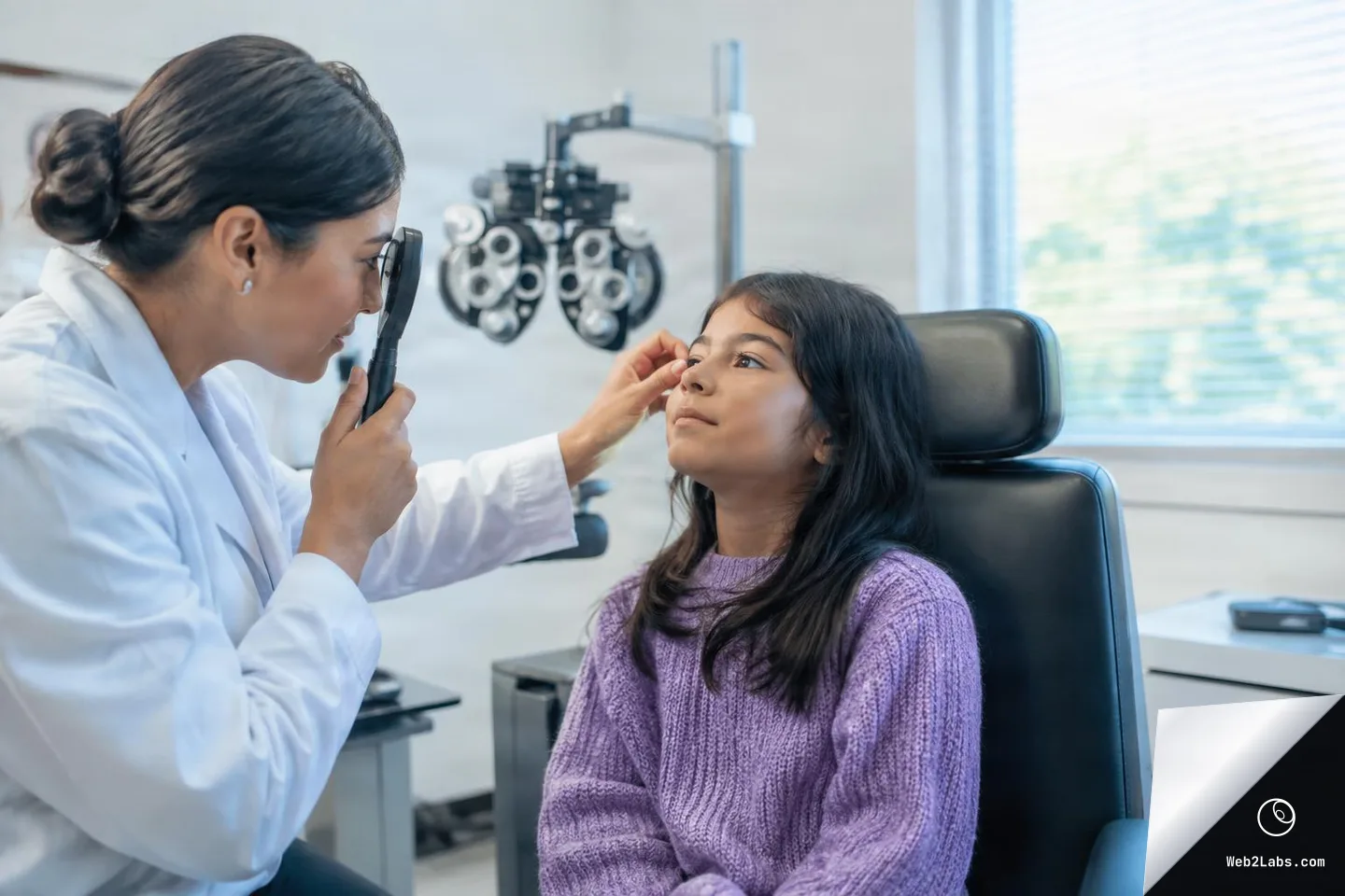 An optometrist in a white coat examines a young girl seated in an eye clinic chair, holding a handheld eye exam device near her face with optometry equipment blurred in the background.