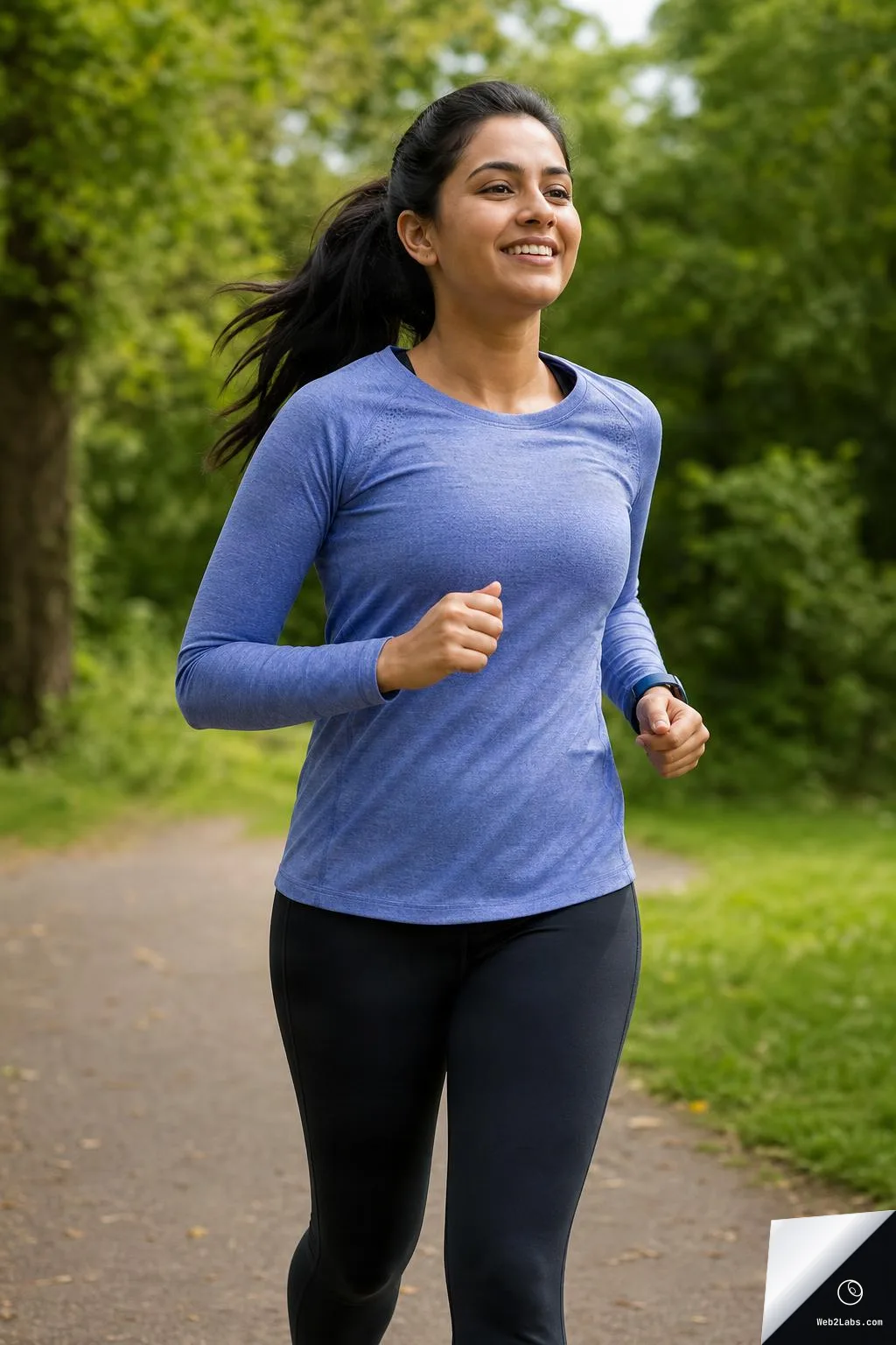 Smiling woman in a blue long-sleeve top and black leggings jogging on a paved path in a green park with trees blurred in the background.
