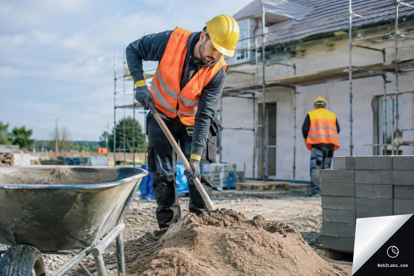 Worker in a yellow hard hat and orange safety vest shoveling a pile of sand beside a wheelbarrow, with scaffolding and another worker near a building under construction in the background.