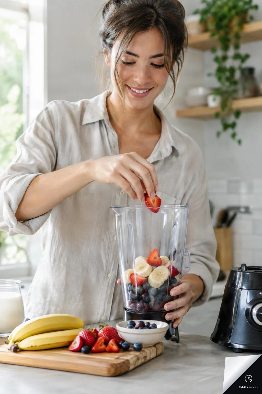Smiling woman in a bright kitchen placing a strawberry slice into a blender jar filled with banana slices and mixed berries, with bananas and berries on a cutting board nearby.