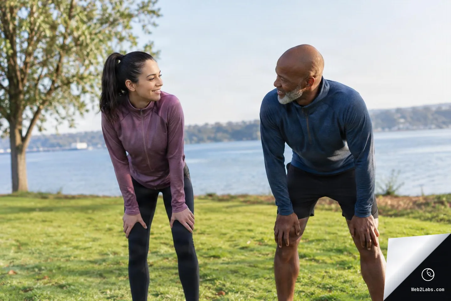 A woman and a man in athletic wear lean forward with hands on their knees while smiling at each other in a grassy park beside a lake.