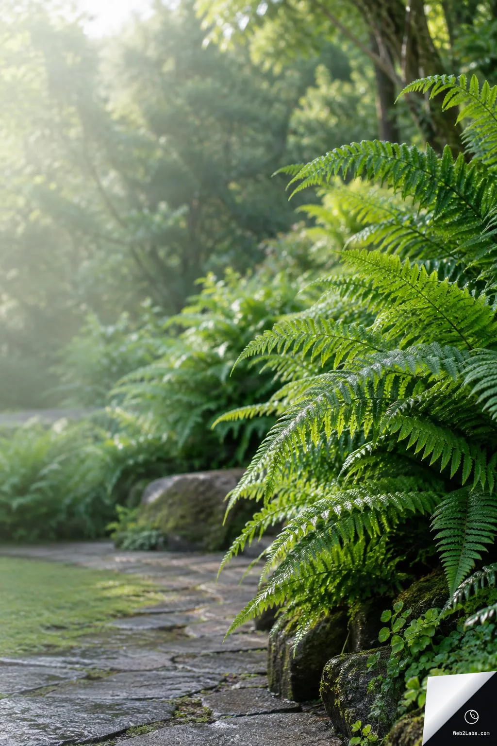 Bright green fern fronds beside a mossy stone path in a shaded garden, with soft sunlight and blurred trees in the background and open space on the left.