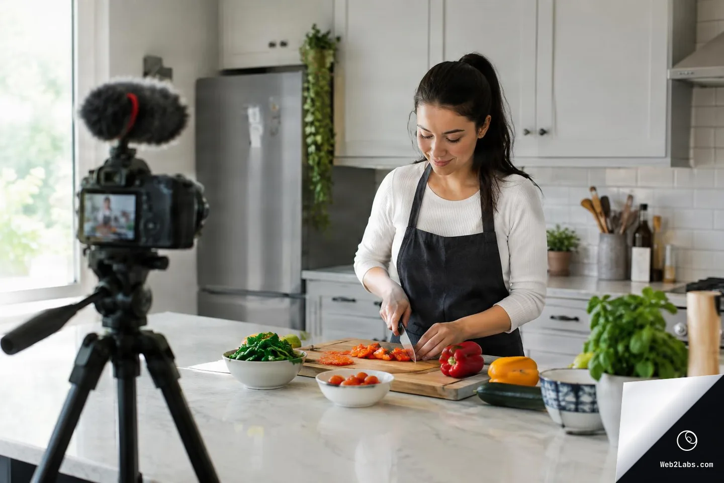 Woman in an apron chops peppers on a cutting board at a kitchen island while a DSLR camera with a microphone films from a tripod in the foreground.