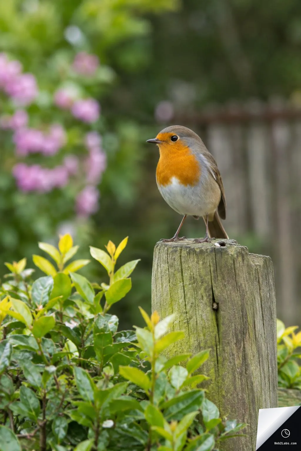 A European robin perched on top of a weathered wooden post in a garden, with green leaves in the foreground and blurred pink flowers and a fence in the background.