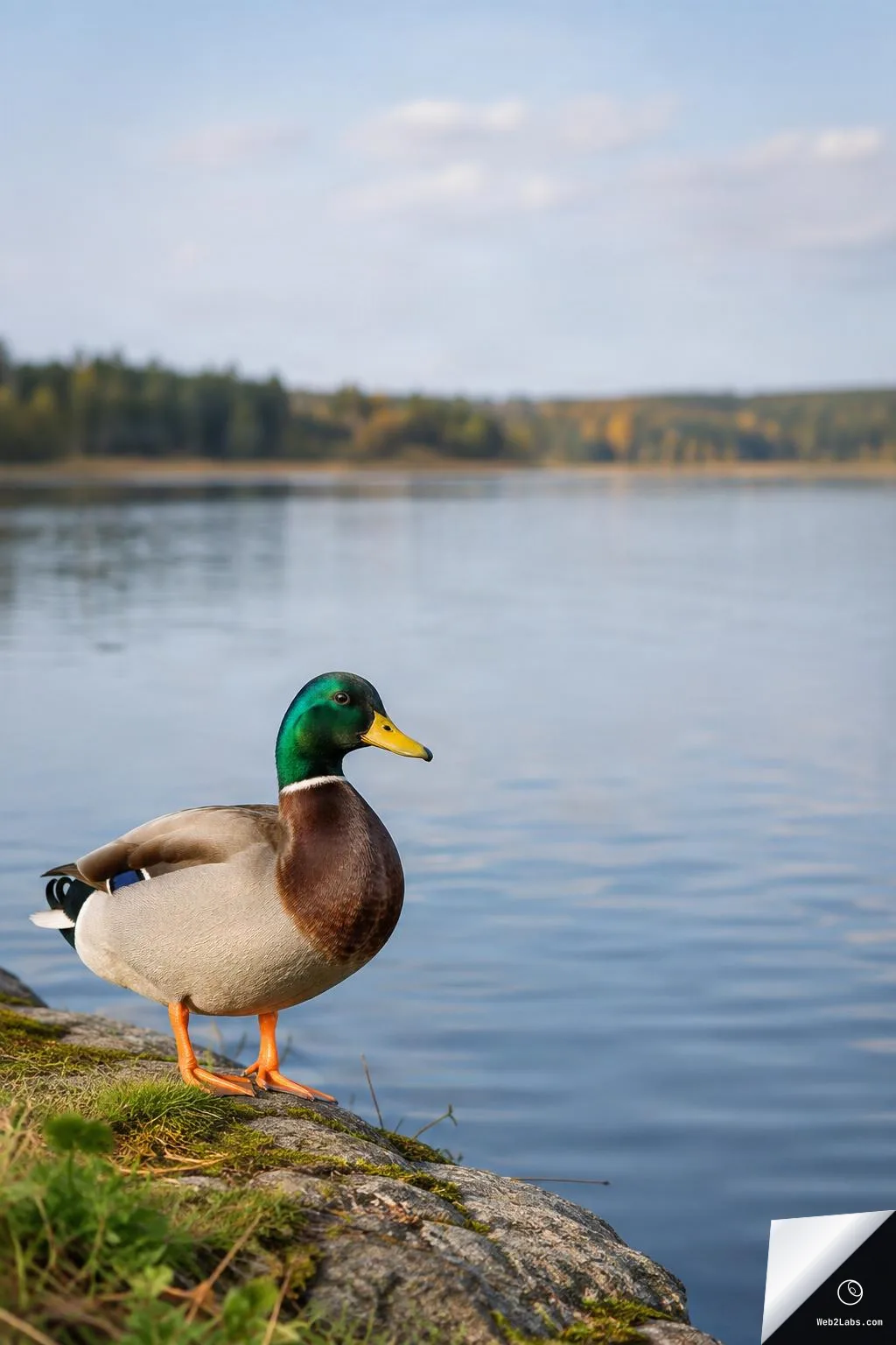 Male mallard duck standing on a rocky shore beside a calm lake, with distant blurred trees and blue sky above.