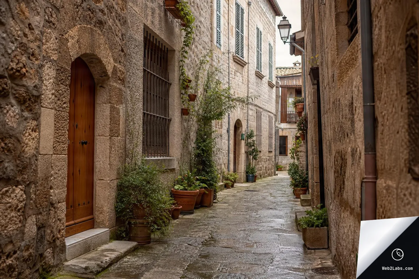 Narrow stone alleyway in an old town with shuttered windows, a wooden door, potted plants along the walls, and wet cobblestone paving leading toward a small courtyard.