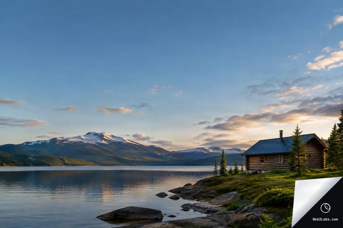 A small log cabin with a metal roof sits on a grassy, rocky shoreline beside a calm lake, with snow-dusted mountains in the background beneath a wide blue sky with scattered clouds.