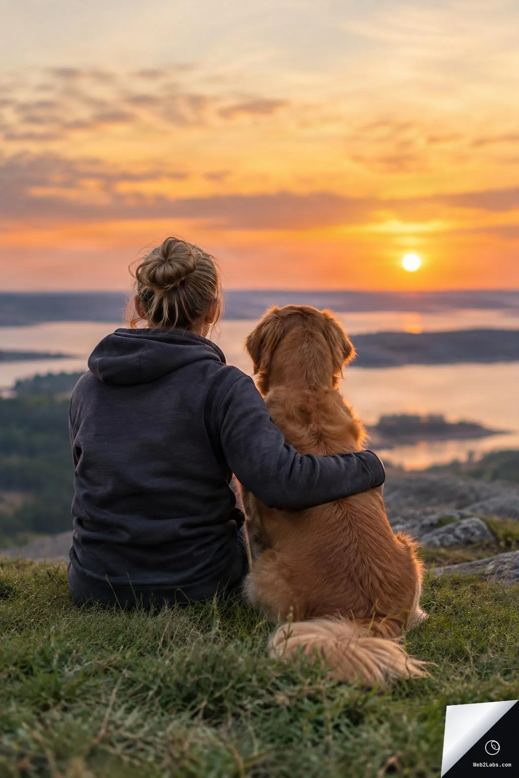 Rear view of a woman in a dark hoodie sitting on a grassy rock with her arm around a golden retriever, both looking at a sunset over a lake and distant landscape.