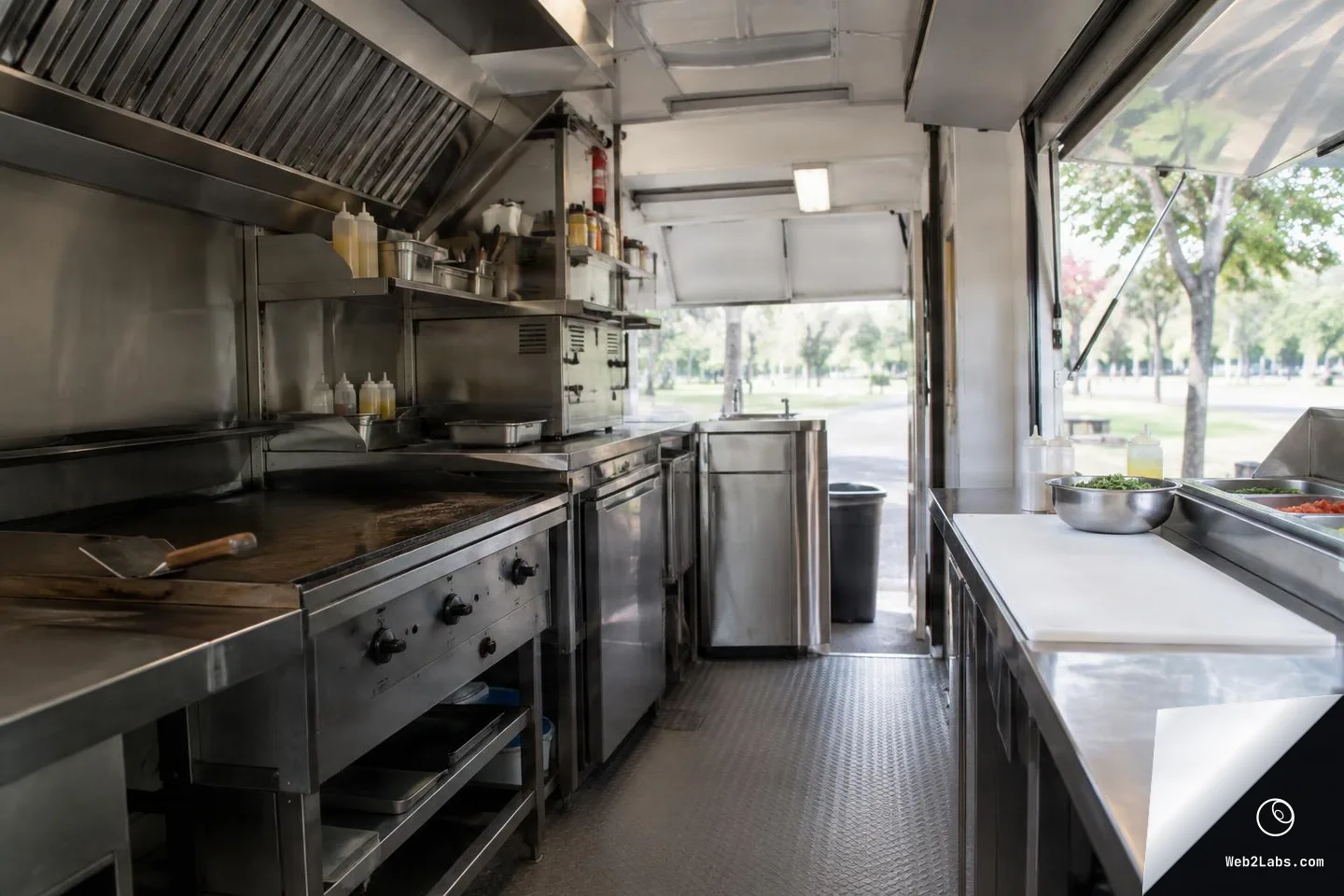 Wide interior view of a stainless-steel food truck kitchen with a flat-top grill and vent hood on the left, prep counter with bowls and squeeze bottles on the right, and an open service window looking out to trees and a walkway.