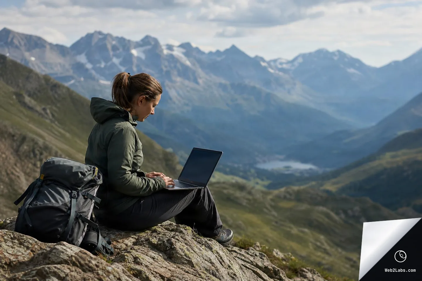 Woman in a green jacket sits on a rocky mountain overlook using a laptop, with a hiking backpack beside her and distant peaks and a valley lake in the background.