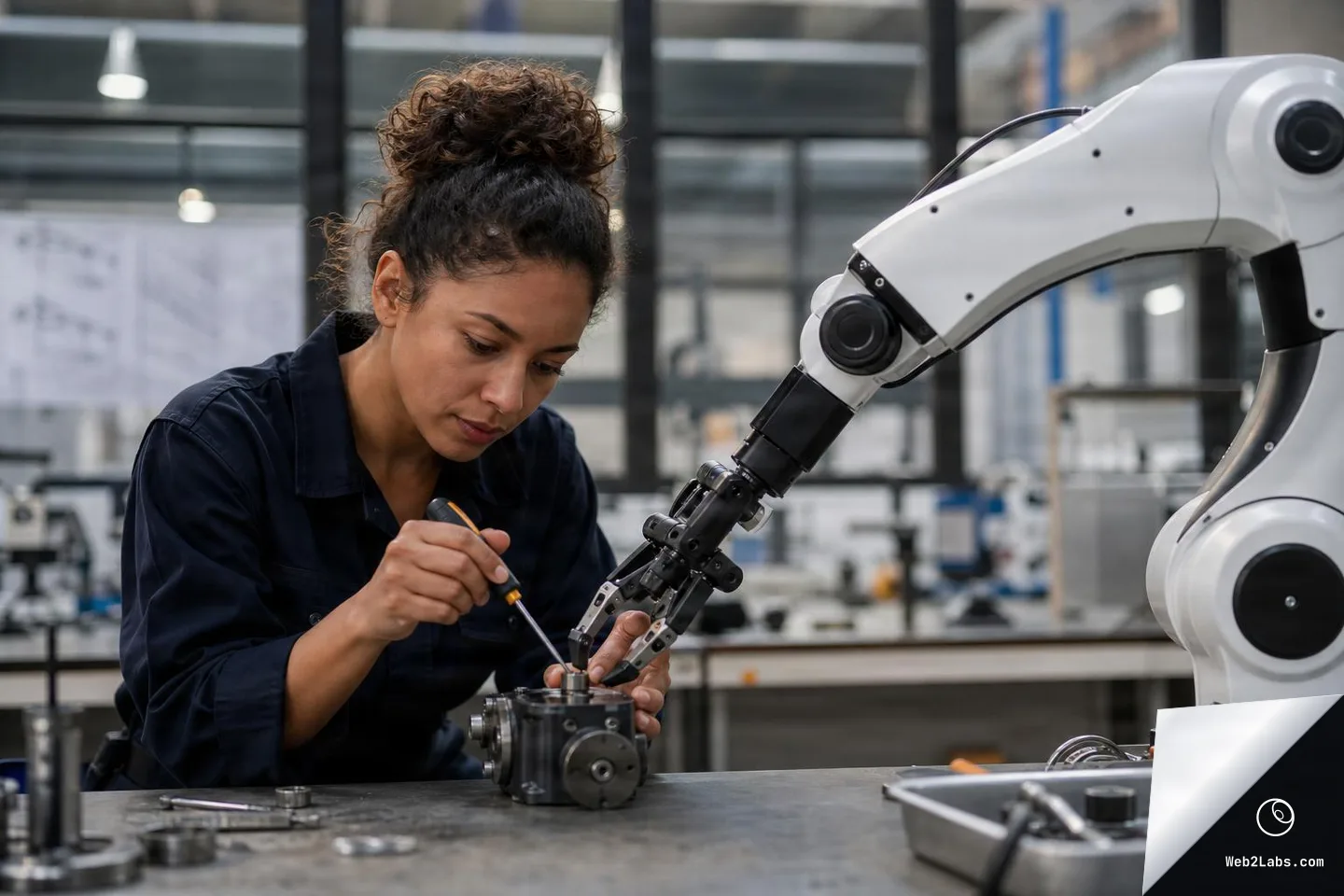 Woman in a workshop uses a screwdriver to adjust a metal device on a workbench beside a white robotic arm in an industrial lab setting.