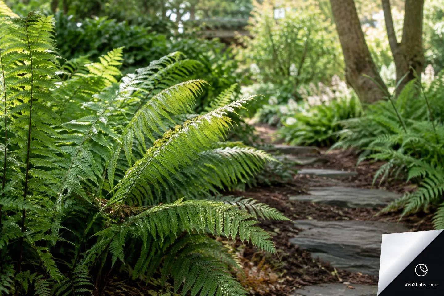 Close view of bright green fern fronds beside a stepping-stone garden path leading through a leafy shaded garden with trees and soft sunlight in the background.