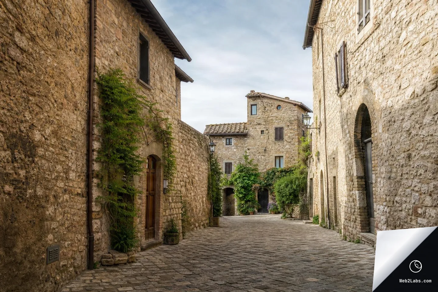 A wide cobblestone alley between two rustic stone buildings leading to a small courtyard with ivy-covered walls, shutters, arched doorways, and a cloudy sky overhead.