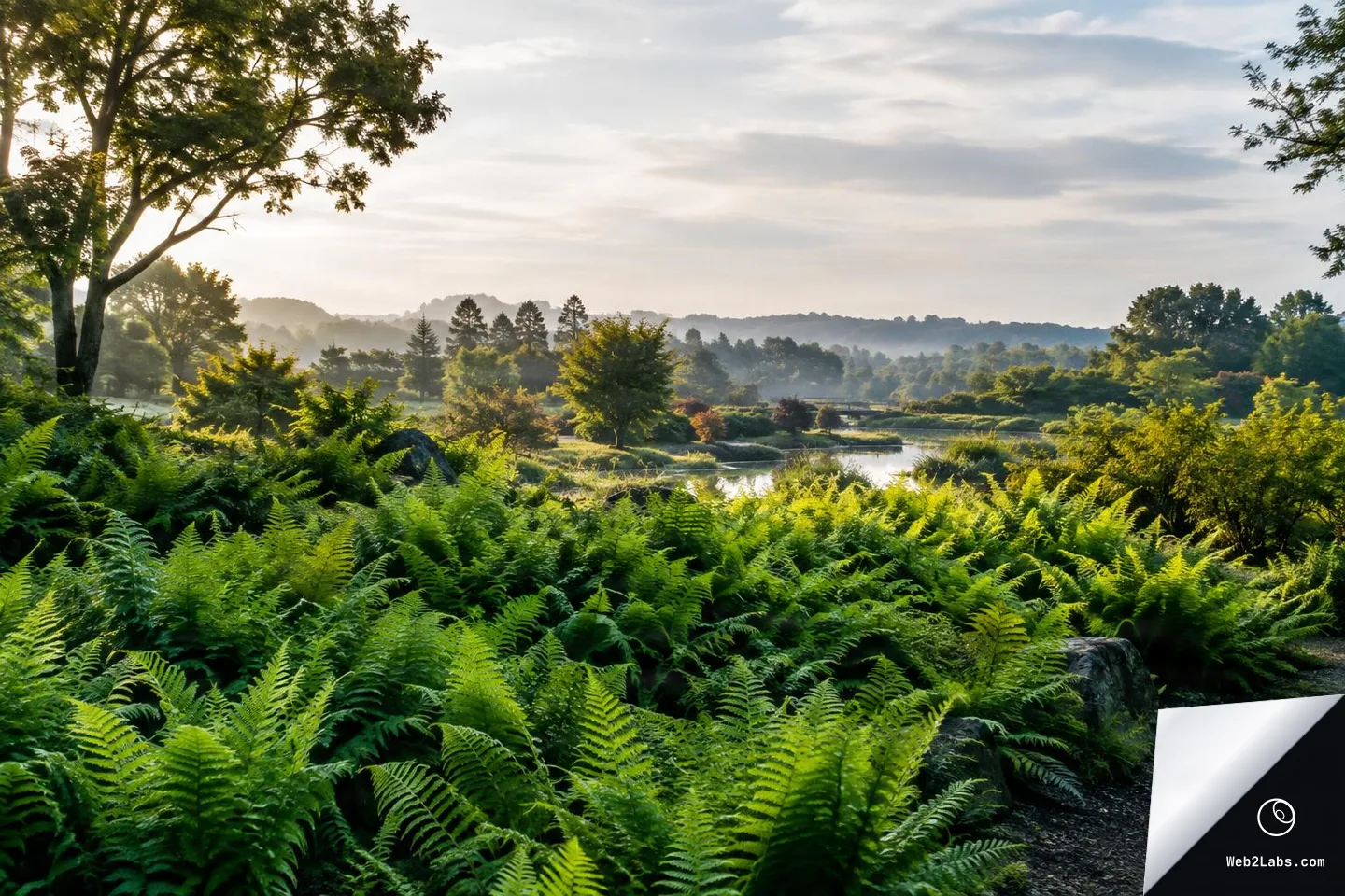 Wide landscape photo of dense green ferns in the foreground with a winding river and tree-covered hills in the distance under a bright, lightly clouded sky.
