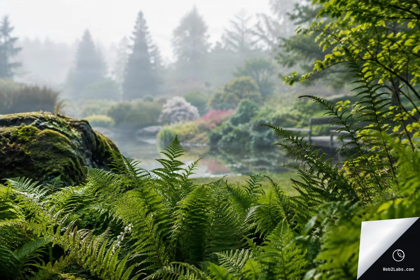 Dense green ferns in the foreground next to a moss-covered rock, with a misty garden pond, shrubs, and distant trees softly blurred in the background.