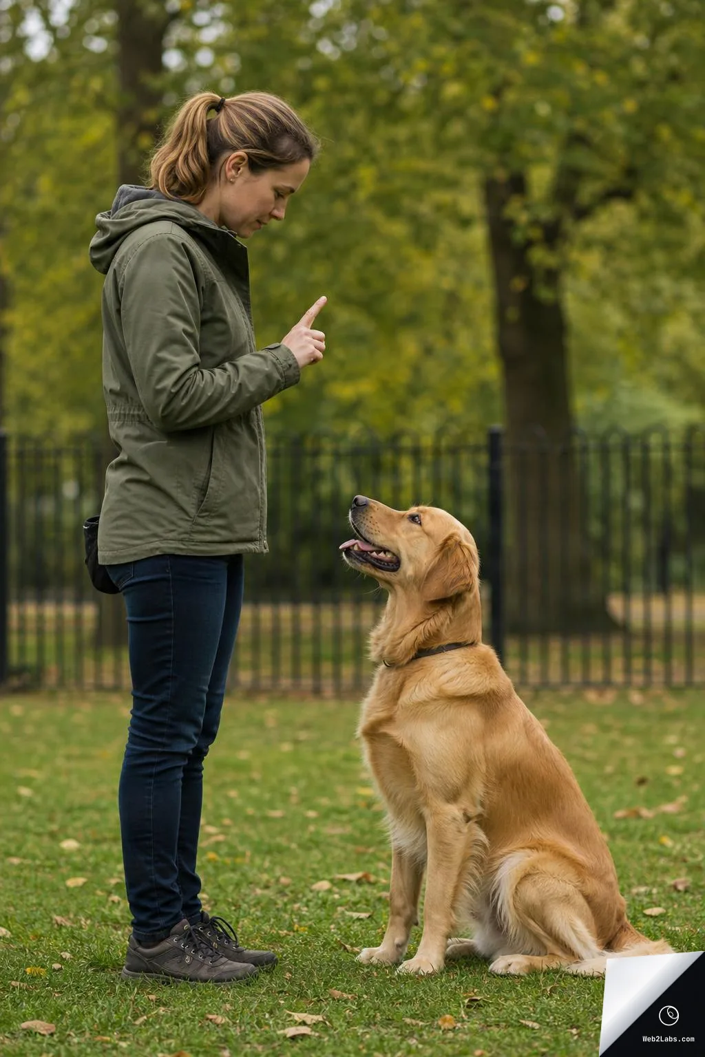 A woman in a green jacket stands in a park holding up one finger while a golden retriever sits and looks up at her, with trees and a fence blurred in the background.
