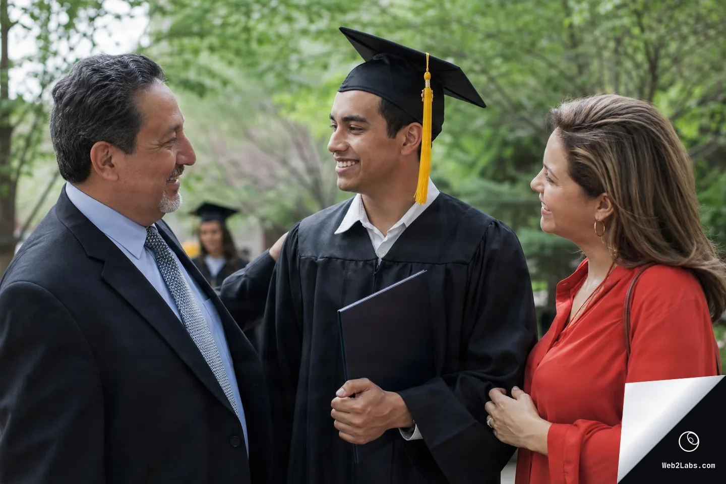 A young man in a black graduation cap and gown smiles while talking with an older man in a suit and a woman in a red blouse outdoors, holding a diploma folder.